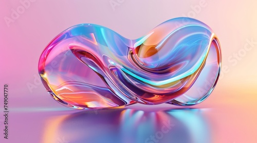 Vibrantly colored glass sculpture with an abstract knot design shining on a pinkish background