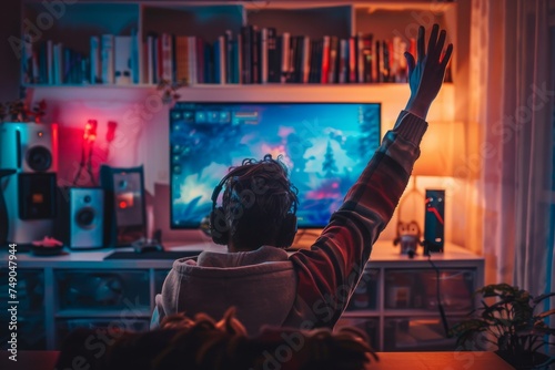 Energetic gamer immersed in gameplay with a celebratory raised hand in a vibrant room