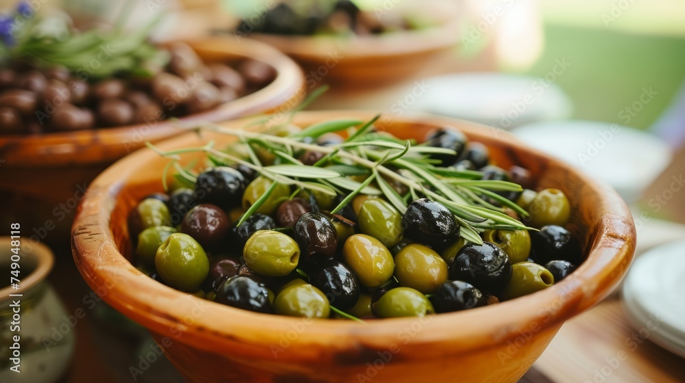 A plate of green and black olives on the table. generative ai