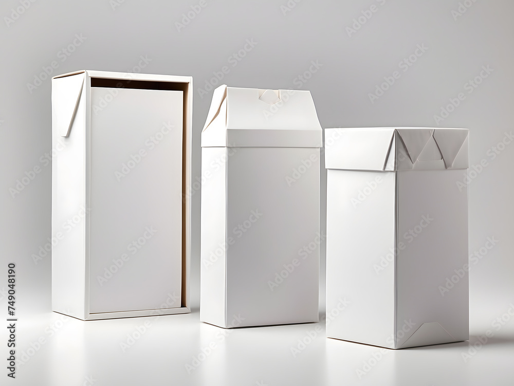 Set of white box tall shape product packaging in side view and front view on a white background design with clipping path Set of white box tall shape product packaging in side view and front view on a white background design with clipping path
