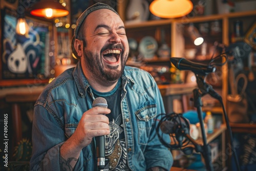 A jovial bearded man holding a microphone laughs heartily while singing in a cozy bar setting, exuding warmth and entertainment