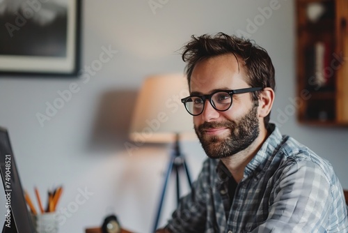 Focused man with beard and glasses working at computer in a cozy office setting, atmosphere warm