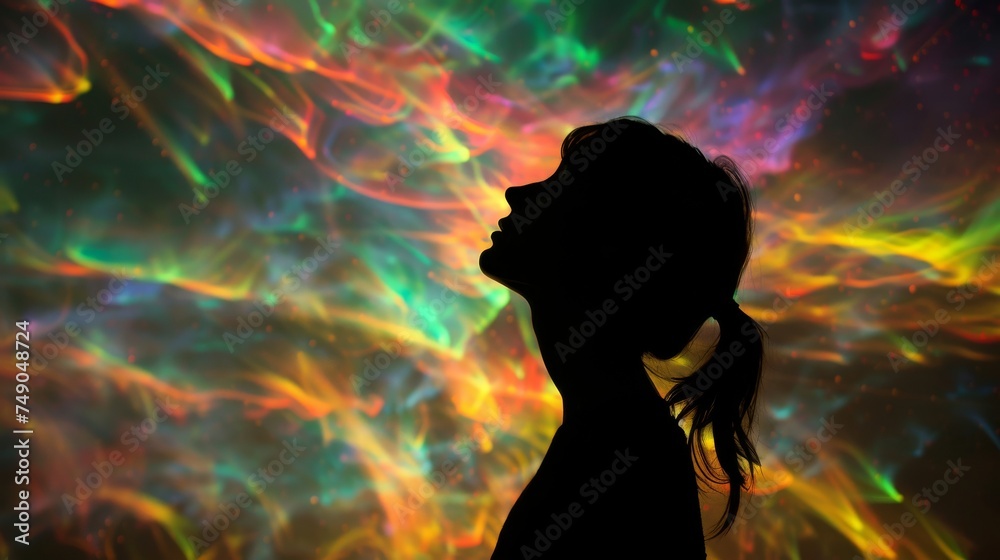The profile of a woman against an illuminated backdrop evokes fantasy and dreams The profile of a woman against an illuminated backdrop evokes fantasy and dreams