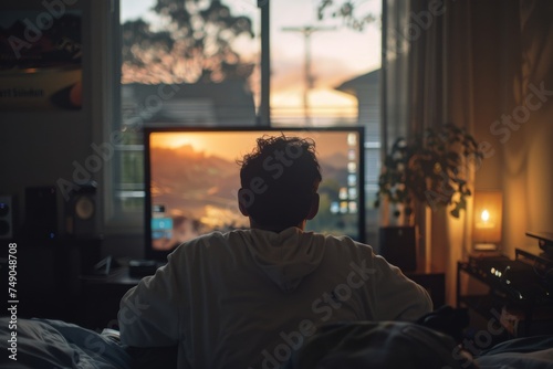 A serene room with a man gazing at the television, bathed in the warm glow of sunset outside photo
