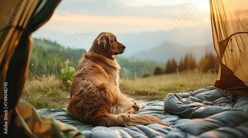 A backpacker is relaxing with breathtaking view with golden retriever dog in camping tent on their trip.