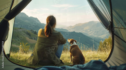 A backpacker is relaxing with breathtaking view with golden retriever dog in camping tent on their trip.