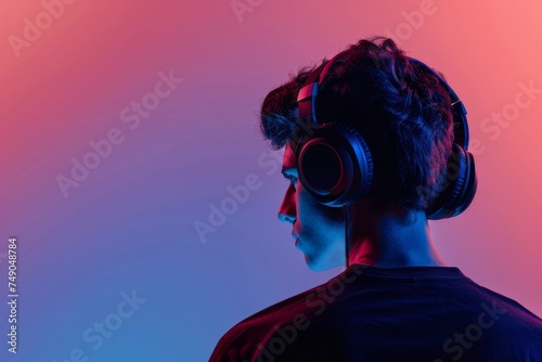 Silent profile of an individual with headphones in a colorful, abstract neon setting, evoking a sense of cool music vibe © ChaoticMind