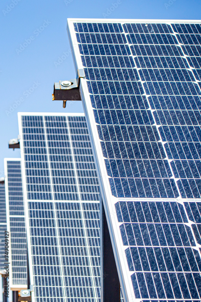 Close-up of solar panels installed in the desert to provide electricity to a remote meteorological base Close-up of solar panels installed in the desert to provide electricity to a remote meteorological base