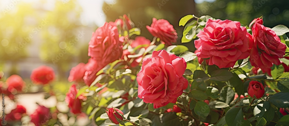 Obraz premium A bush of red roses with vibrant, blooming flowers, surrounded by lush green leaves in a garden setting. The bushes are well-maintained in a rural area, adding a touch of elegance and beauty to the