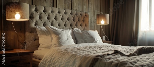 A grey bed with a headboard made of wood stands in a room, complemented by a large wooden lamp. The wooden headboard adds a touch of warmth and natural texture to the rooms decor. photo
