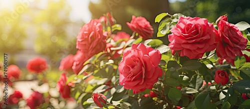 A bush of red roses with vibrant  blooming flowers  surrounded by lush green leaves in a garden setting. The bushes are well-maintained in a rural area  adding a touch of elegance and beauty to the