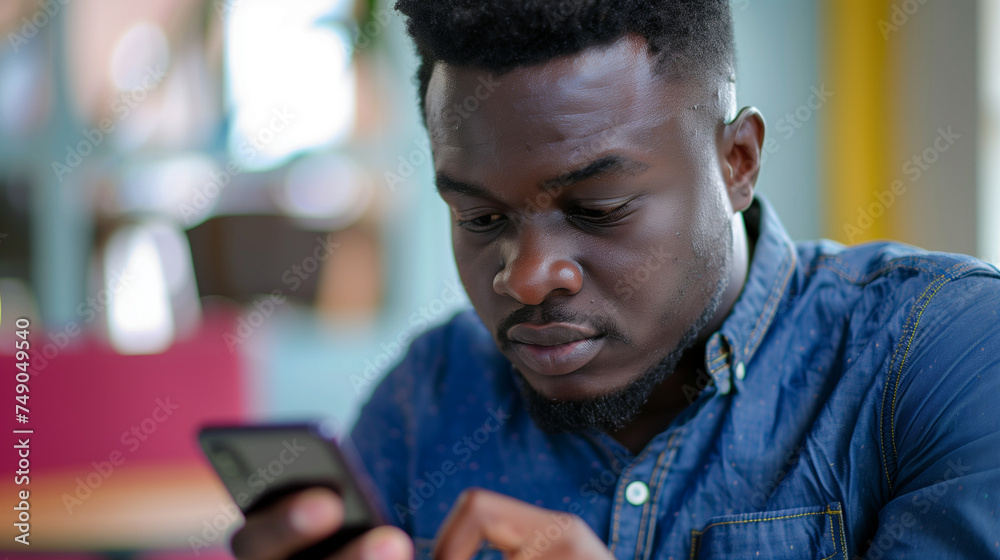 Black Man Using Cell Phone Outside with Focused Serious Expression Black Man Using Cell Phone Outside with Focused Serious Expression