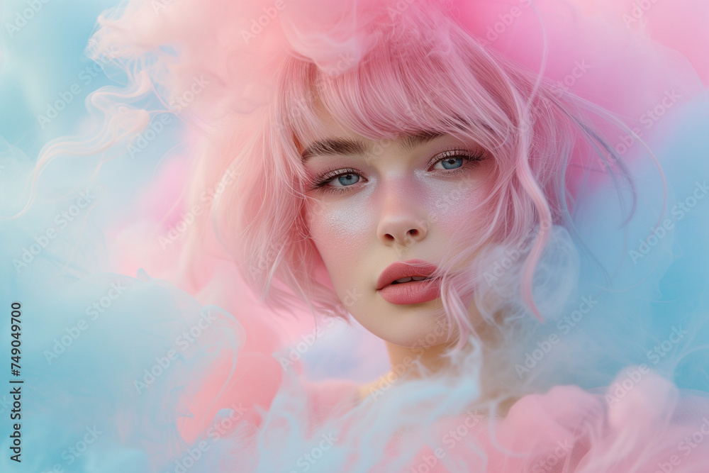 Portrait of a girl with pink hair surrounded by pastel coloured smoke 