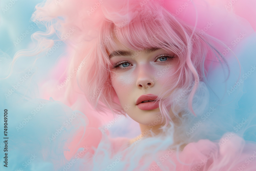 Portrait of a girl with pink hair surrounded by pastel coloured smoke Portrait of a girl with pink hair surrounded by pastel coloured smoke