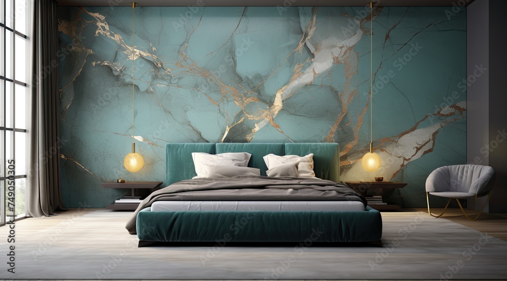 3d rendering of a bedroom with blue and gray walls - obrazy, fototapety, plakaty 