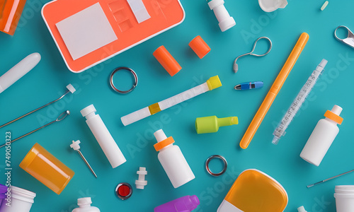 medical items and space for text on color background