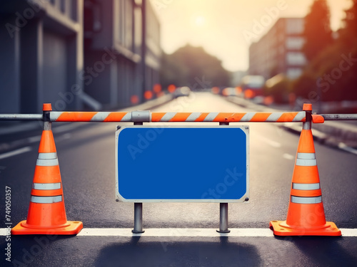 Under construction website design. Road signs on barriers with traffic cones indicate the reconstruction or rebuilding process. photo