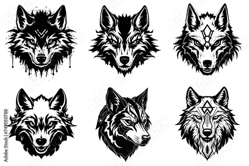 set of head of wolf black and white vector illustration isolated transparent background logo, cut out or cutout t-shirt print design