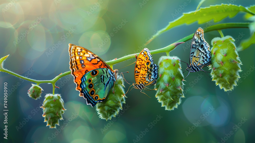  butterfly cocoons and newly hatched butterfly in nature , birth process of butterfly  - obrazy, fototapety, plakaty 