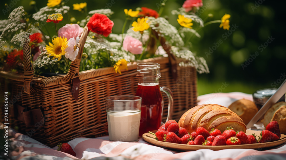 Idyllic Summer Picnic with Strawberries and Fresh Bread Idyllic Summer Picnic with Strawberries and Fresh Bread