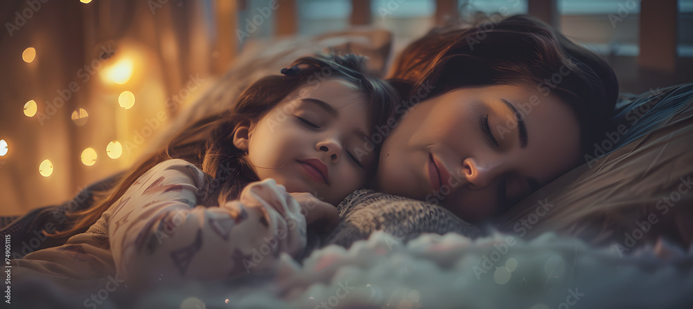mother and daughter sleeping - obrazy, fototapety, plakaty 