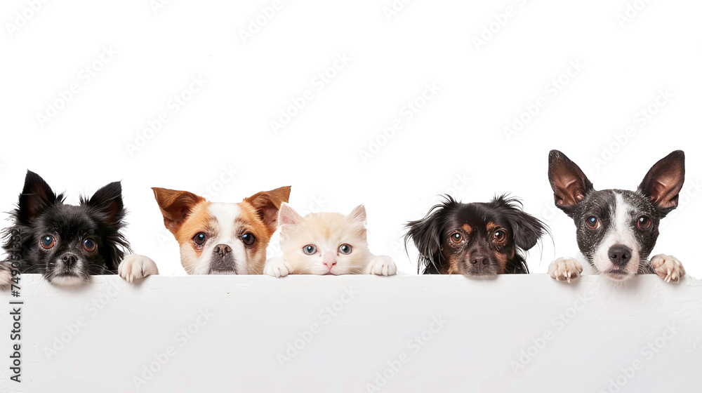 group of dogs and cats looking over a border in a line isolated against transparent background