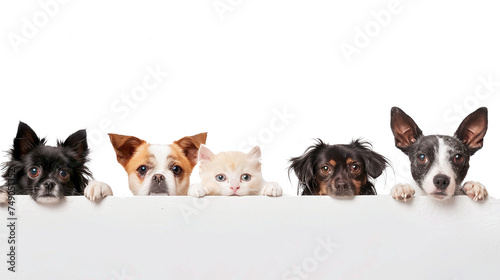 group of dogs and cats looking over a border in a line isolated against transparent background © bmf-foto.de