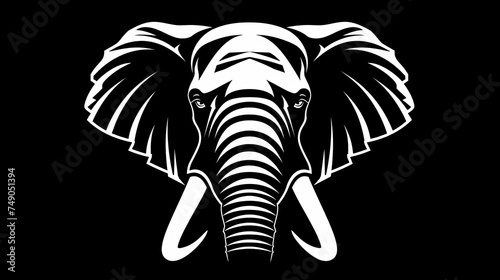 black and white silhouette logo of a elephant face on black background, can be used for cards, banners, tshirts prints, mug prints, logos 