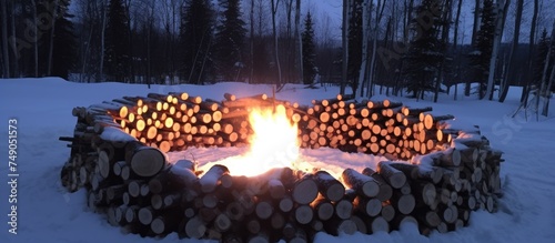 A fire pit made out of logs is carefully constructed in the snowy wilderness of Fairbanks, Alaska. The chopped firewood is neatly arranged, ready to ignite a warm fire. photo