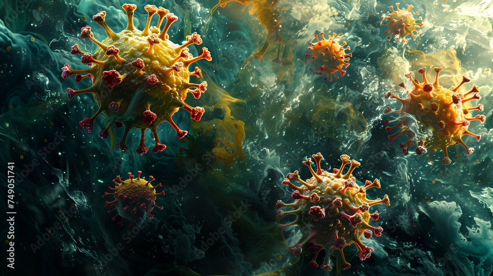 Detailed 3D render of a virus particle in vibrant colors against a dynamic background, AI-generated image. - obrazy, fototapety, plakaty 