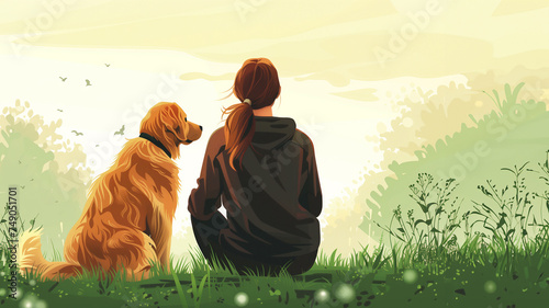 Woman and golden retriever enjoying a serene moment in nature, AI-generated image.