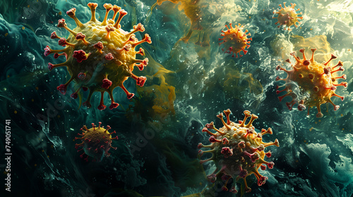 Detailed 3D render of a virus particle in vibrant colors against a dynamic background, AI-generated image. © chanintorn