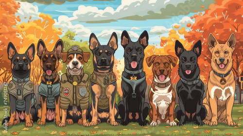 Illustration of diverse working dogs in uniform, autumn backdrop, AI-generated image.