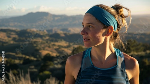 An athlete stands atop a steep incline sweat glistening on her forehead as she takes in the expansive view of the valley below. The winding trail behind her and the endurance