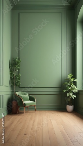 With wooden floors and wall panels, the interior is modern and classic green. 3D render mockup of an illustration.