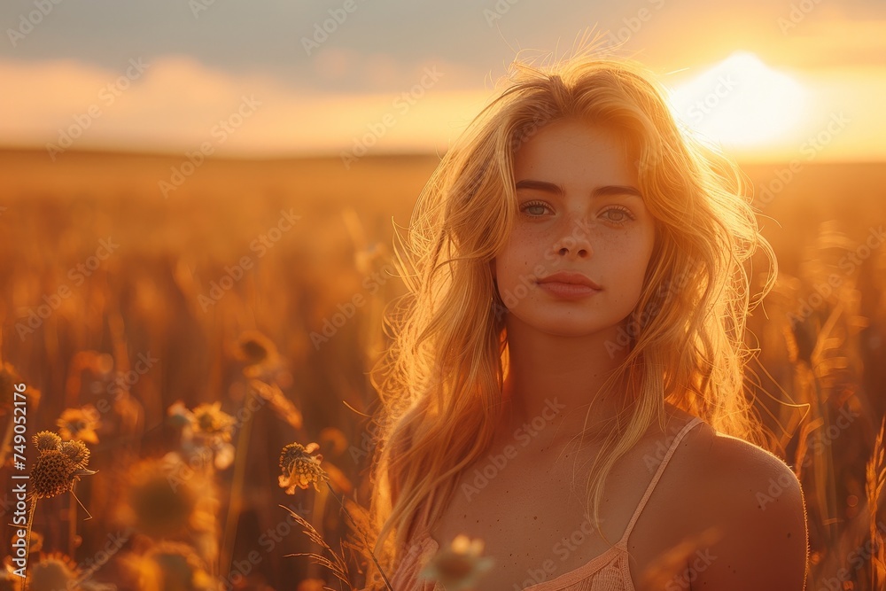 Warm sunset light bathes a young woman standing amidst sunflowers, highlighting natural beauty and tranquility