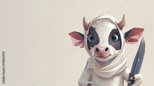 Eid Al-Adha mubarak greeting banner or card (Festival of the Sacrifice). Cartoon cow illustration photo