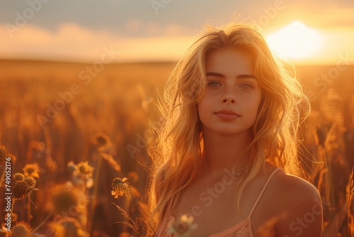 Warm sunset light bathes a young woman standing amidst sunflowers, highlighting natural beauty and tranquility © svastix