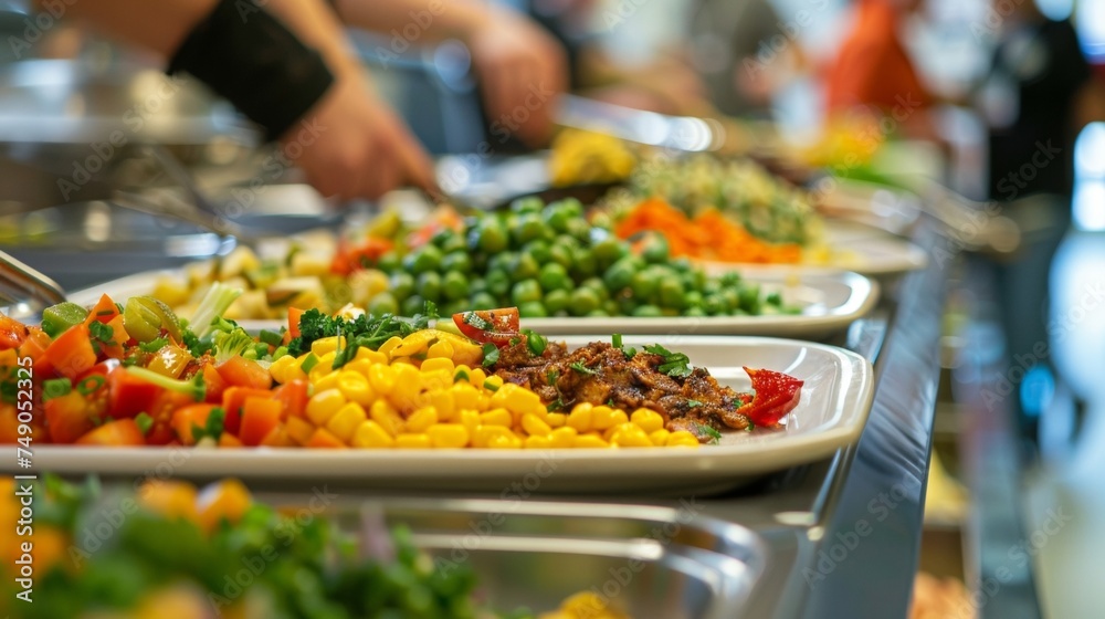 A closeup of a students plate filled with colorful plantbased options from a cafeteria that focuses on reducing meat consumption for sustainability. A closeup of a students plate filled with colorful plantbased options from a cafeteria that focuses on reducing meat consumption for sustainability.