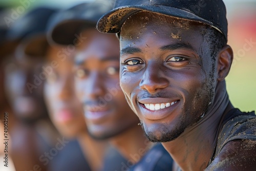 A smiling male athlete with a genuine, confident smile; his face is speckled with dirt, conveying effort photo