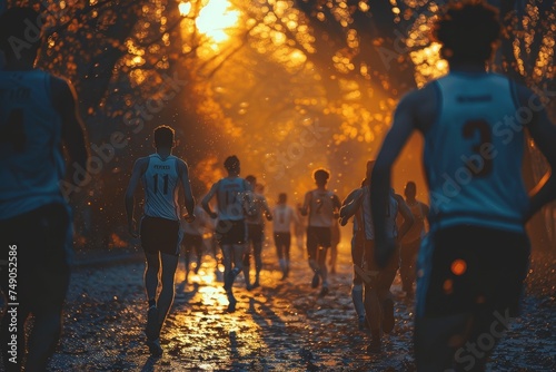 Back view of a group of runners training in a forest trail at sunset with warm light