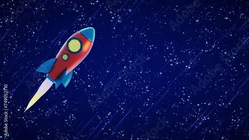 Old style 3d retro exploration vintage rocket flying through space fast warp teleport speed with copy space for text. Nice stars. Business metaphor of success and good plan.  photo