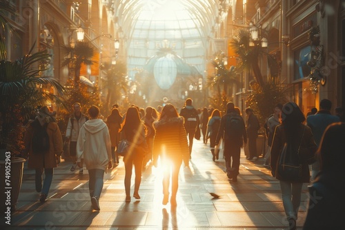 Bustling shoppers stroll through a holiday-decorated shopping arcade, immersed in festive preparations photo