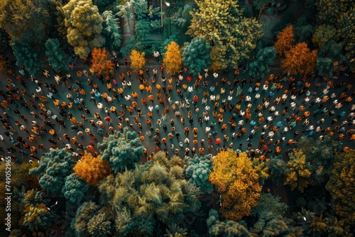 An overhead shot capturing a bustling crowd walking through a park surrounded by autumn foliage Vibrant colors adorn the trees