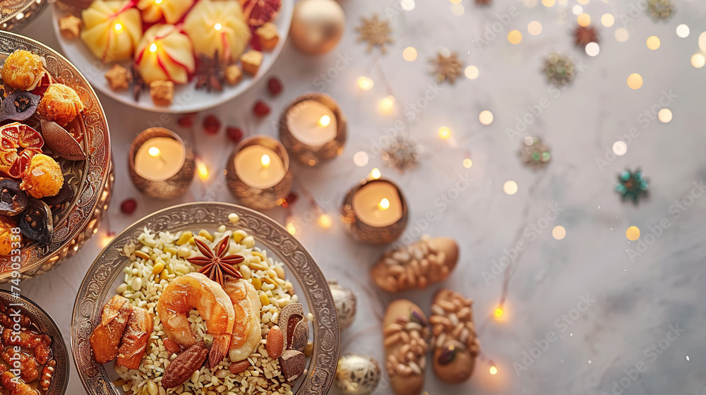 iftar cuisines on table with lights during ramadan, ramadan kareem or eid muslim events of celebration