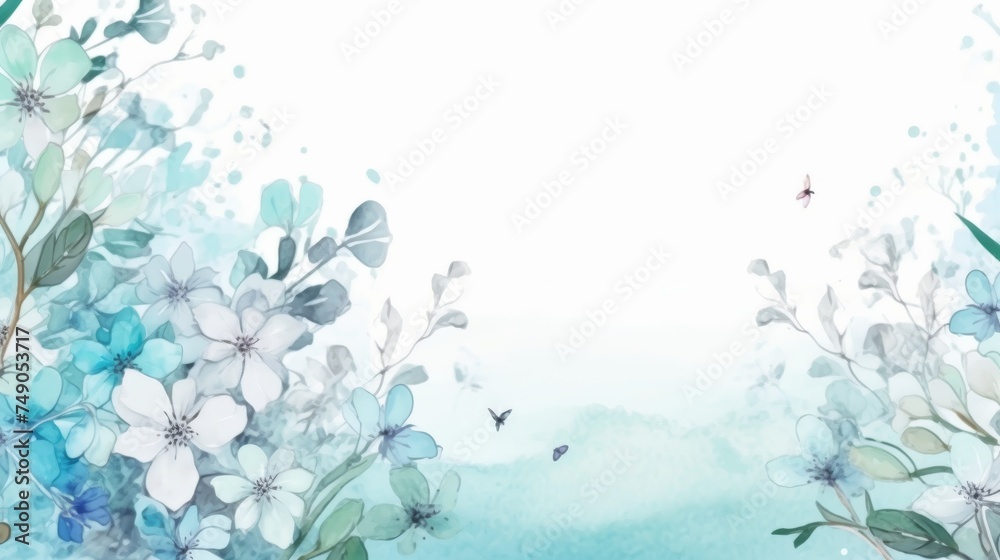 Generative AI image of serene watercolor blossoms in a foggy landscape