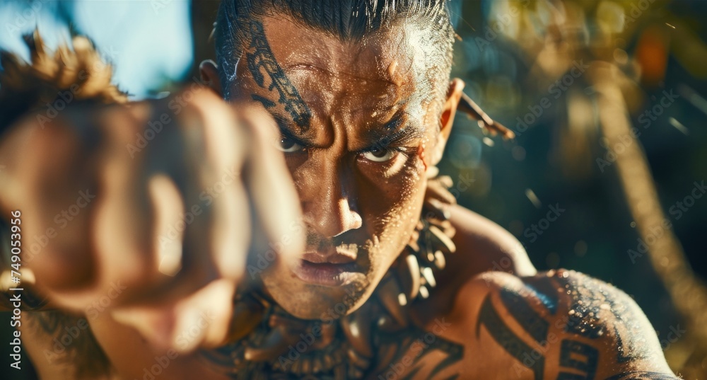 A Maori warrior displays his strength and agility as he performs a ...