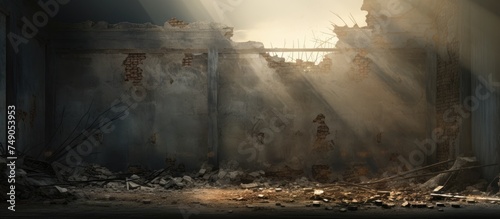 A dark room with a window, through which light streams onto a destroyed wall. The contrast between darkness and brightness is striking, creating a play of shadows and illumination.
