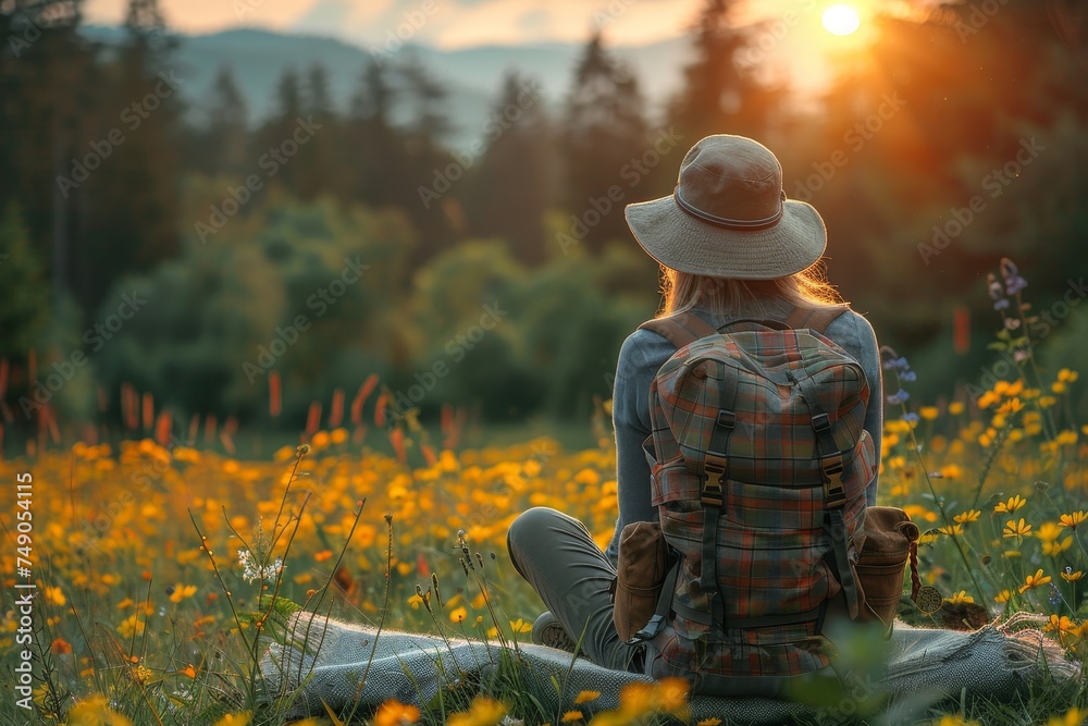 Peaceful scene of a woman traveler relaxing in a blooming field at sunset, evoking tranquility Peaceful scene of a woman traveler relaxing in a blooming field at sunset, evoking tranquility