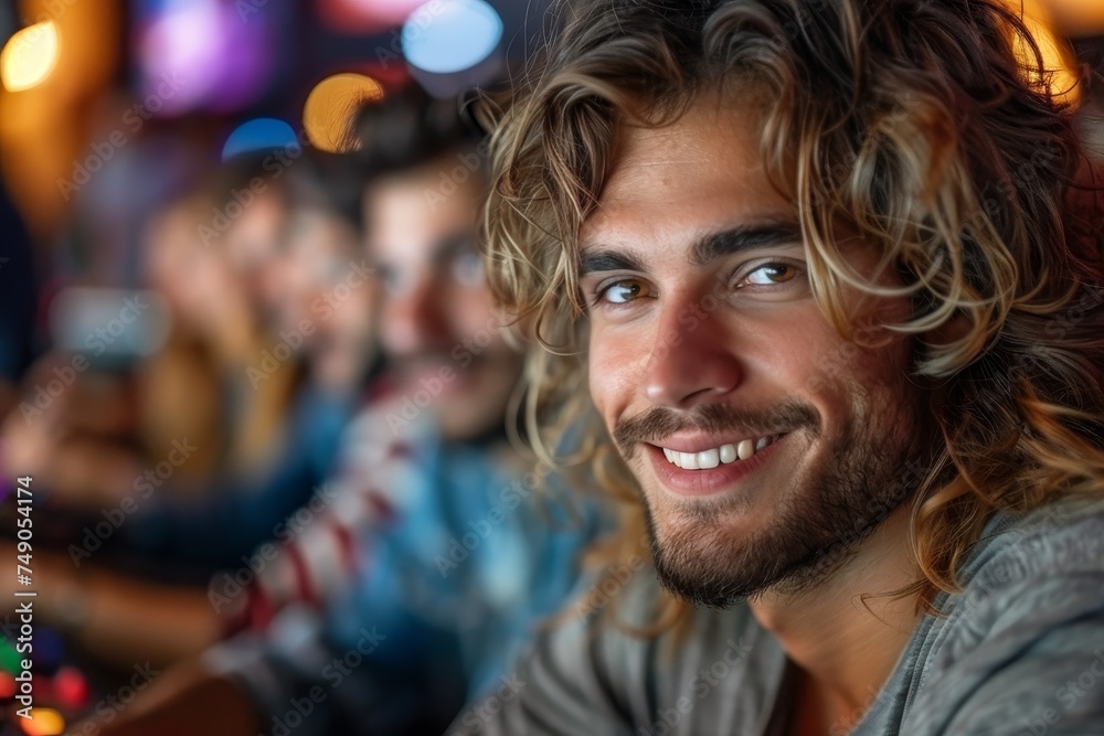 A young man with curly hair and a pleasant smile, sitting in a bar with blurred friends in the background